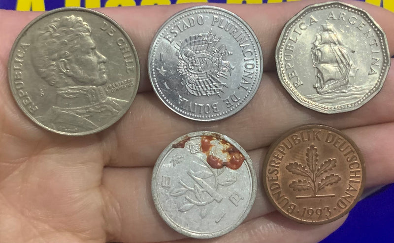 5 Moedas 1 Peso, 2, 5 Pesos e 20 Centavos