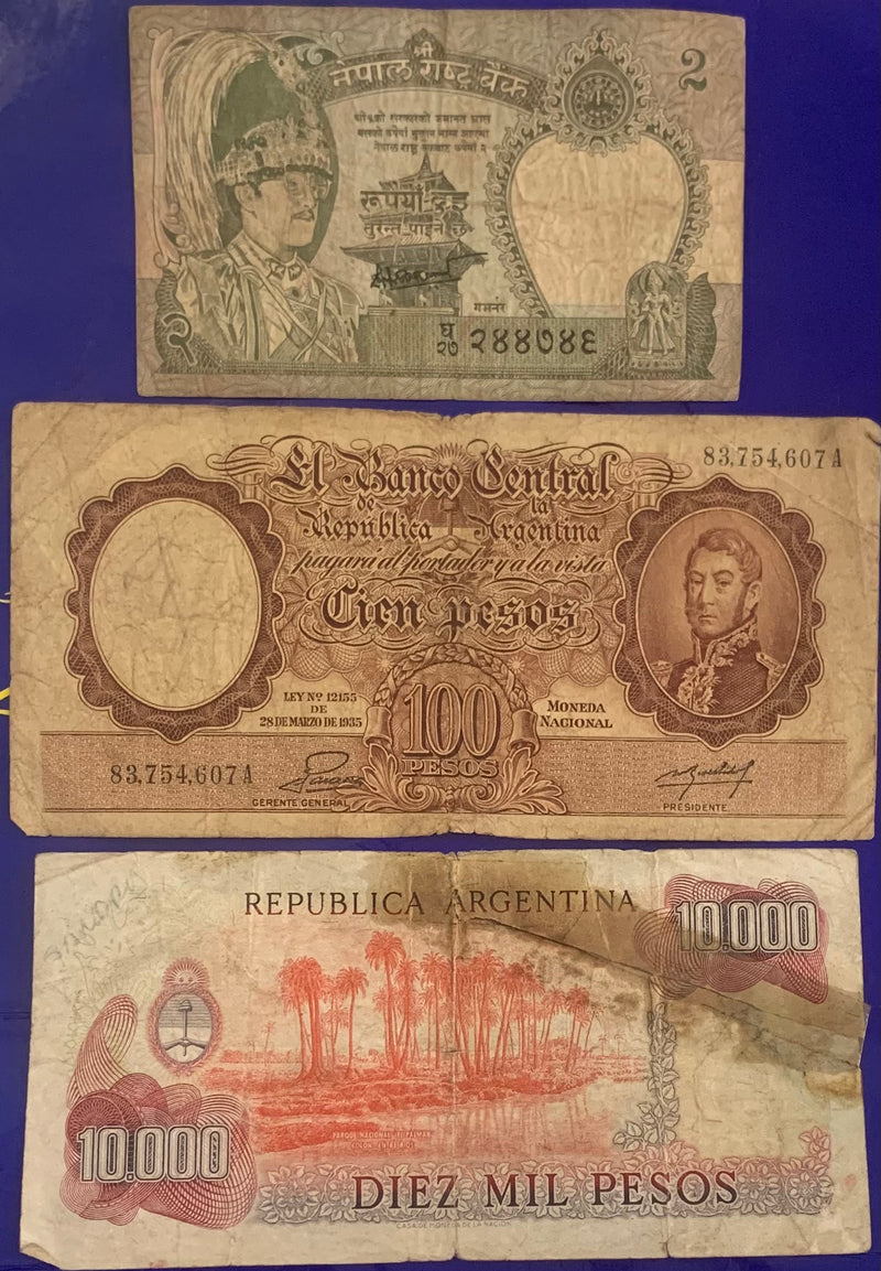 19 Cédulas 1 Peso, 2 Guaranies,, 5 Guaranies, 10 Pesos, 20, 100 Guaranies, 1000 Pesos e 10.000 Pesos